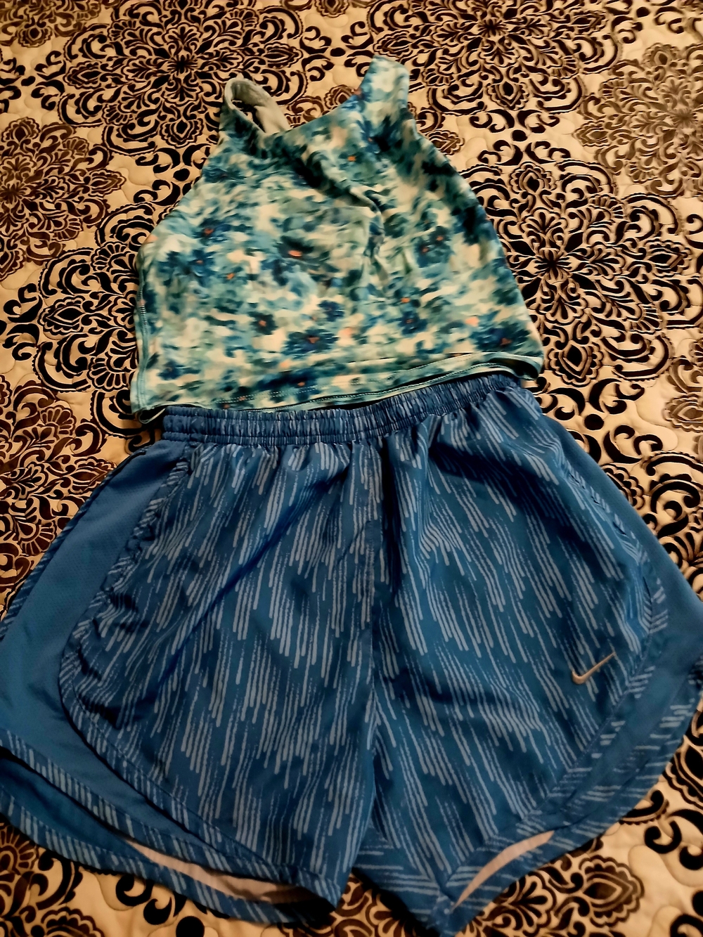 Athletic Blue Nike Running Shorts & Blue Patterned Tank Set